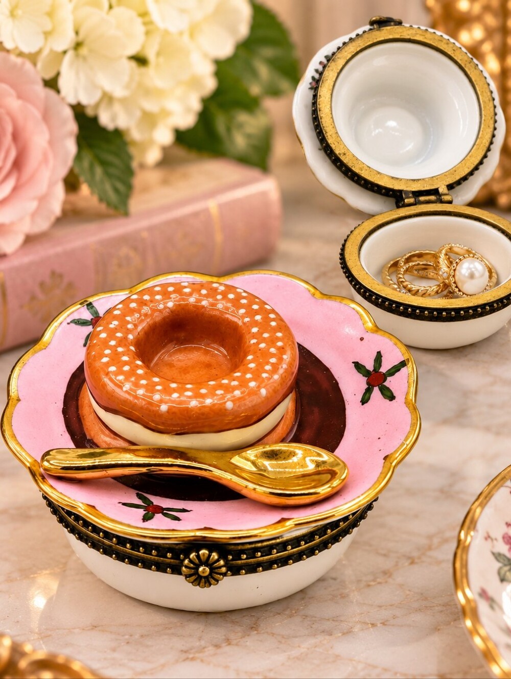 Vintage Porcelain Pastry Plate Hinged Trinket Box Glazed Donut Bagel Spoon